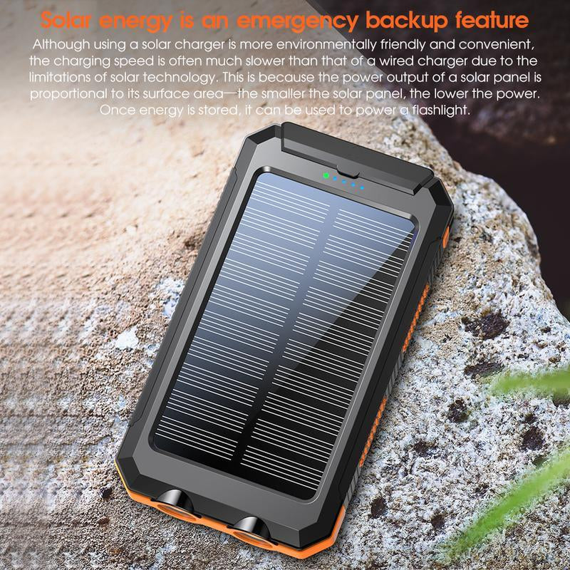10000mAh Solar Portable Charger with Dual USB Output, LED Flashlight, Compass, and IP65 Waterproof Rating for Camping and Hiking