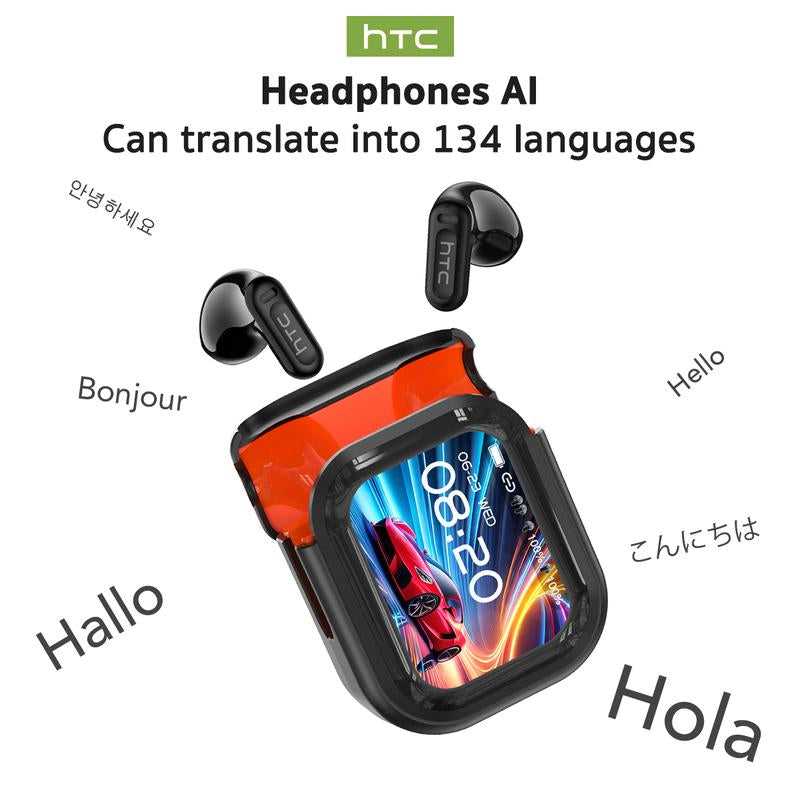 HTC AI Translation Wireless Earbuds - Bluetooth Headphones with 134 Language Translator, LCD Full Color Display, and Charging Case with Microphone