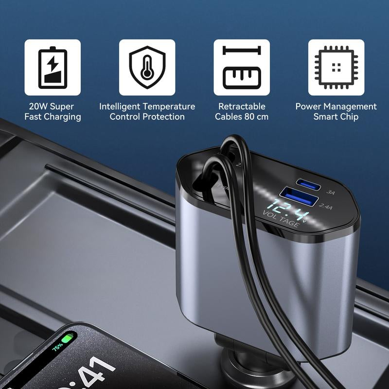 4-In-1 Retractable Car Charger – Fast USB-C & Lightning Adapter, Dual Ports, Aromatherapy & Starlight Roof, Quick Charge for Iphone, Samsung, Google Pixel, Travel & Car Accessories, Outdoorfun