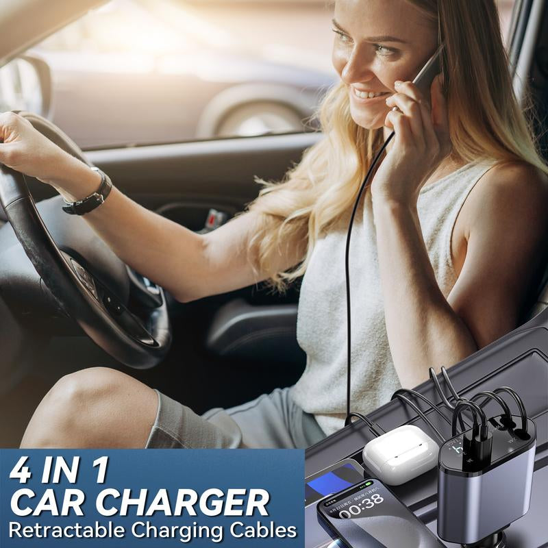 4-In-1 Retractable Car Charger – Fast USB-C & Lightning Adapter, Dual Ports, Aromatherapy & Starlight Roof, Quick Charge for Iphone, Samsung, Google Pixel, Travel & Car Accessories, Outdoorfun