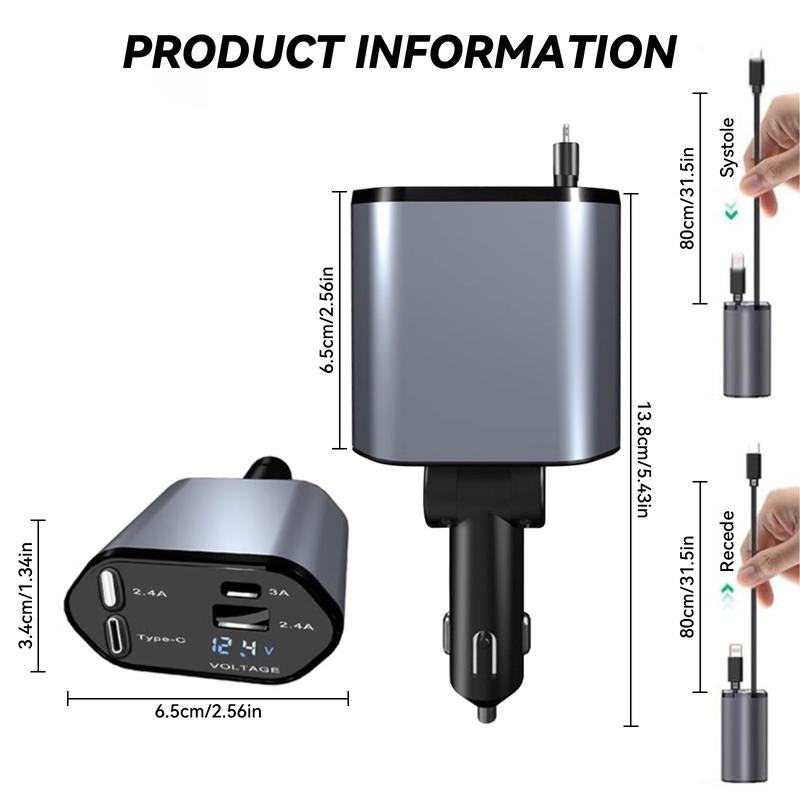 4-In-1 Retractable Car Charger – Fast USB-C & Lightning Adapter, Dual Ports, Aromatherapy & Starlight Roof, Quick Charge for Iphone, Samsung, Google Pixel, Travel & Car Accessories, Outdoorfun