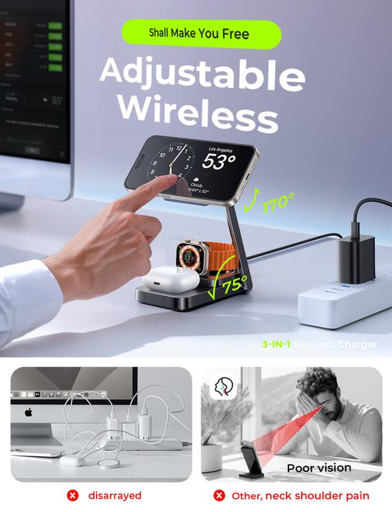 LISEN 3-in-1 Foldable Wireless Charger Station for Apple Devices - Magsafe Charger Stand for iPhone 15 Pro Max, AirPods, and Apple Watch - Ideal Gift for Multiple Devices