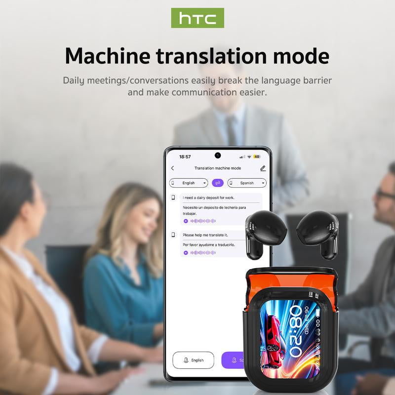 HTC AI Translation Wireless Earbuds - Bluetooth Headphones with 134 Language Translator, LCD Full Color Display, and Charging Case with Microphone
