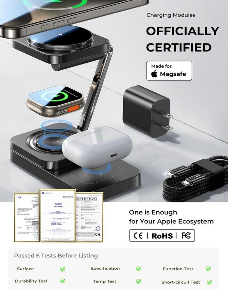 LISEN 3-in-1 Foldable Wireless Charger Station for Apple Devices - Magsafe Charger Stand for iPhone 15 Pro Max, AirPods, and Apple Watch - Ideal Gift for Multiple Devices