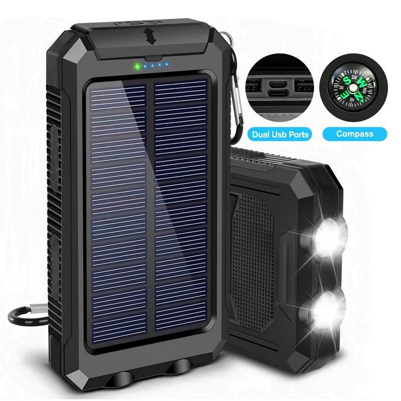 10000mAh Solar Portable Charger with Dual USB Output, LED Flashlight, Compass, and IP65 Waterproof Rating for Camping and Hiking