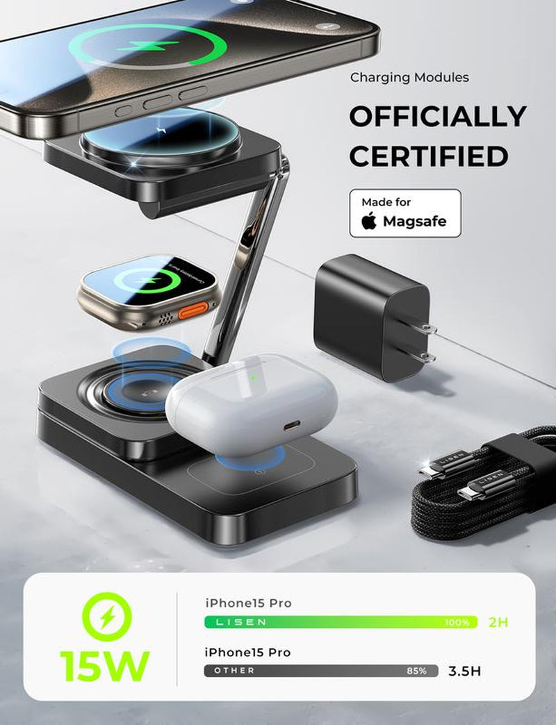 LISEN 3-in-1 Foldable Wireless Charger Station for Apple Devices - Magsafe Charger Stand for iPhone 15 Pro Max, AirPods, and Apple Watch - Ideal Gift for Multiple Devices