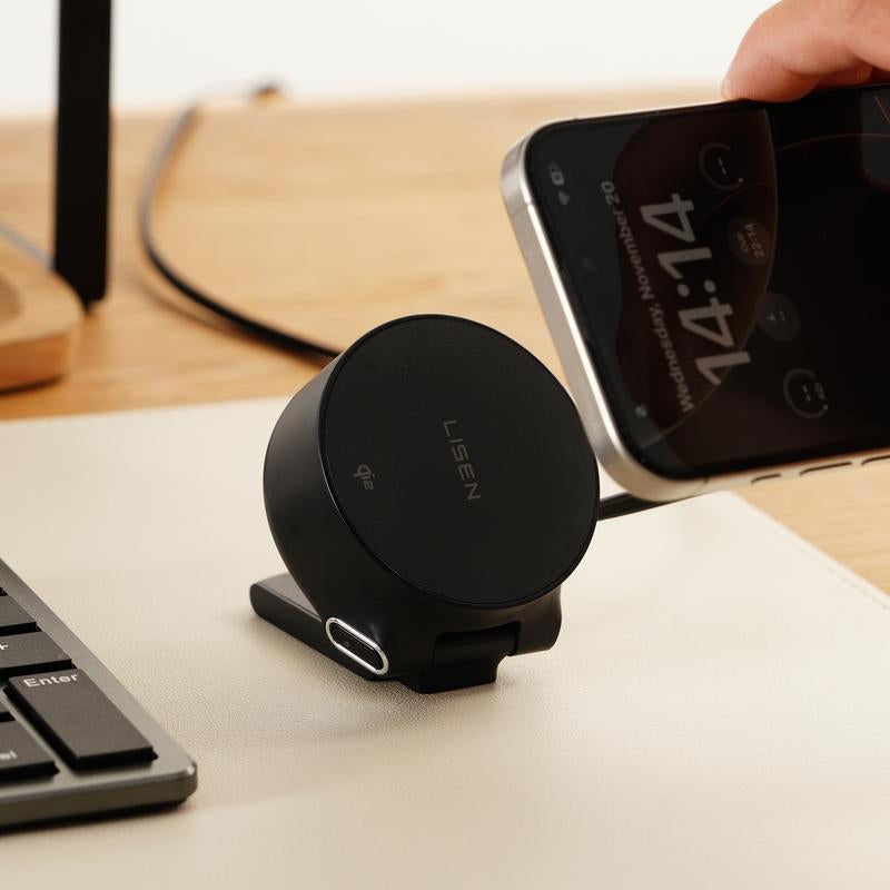 LISEN Qi2 Wireless Charger with Retractable Cable | 2-In-1 Wireless Charging Station for Iphone & Apple Watch, Fast Charging, Foldable & Portable Design