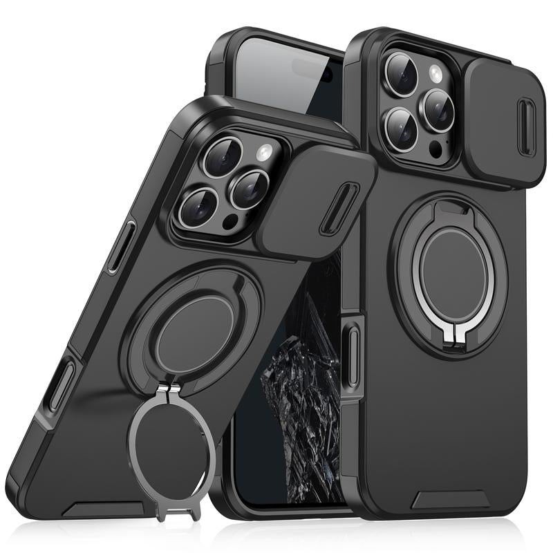 Case with Slide Camera Cover for Iphone 17 Air 17 Pro Max 16 15 14 13 12 Pro Max, Rotated Ring Kickstand Military Grade Shockproof Protective Cover Rugged Heavy Duty for Men Women