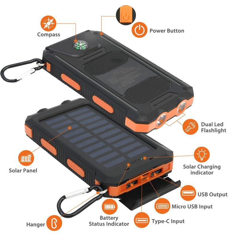 10000mAh Solar Portable Charger with Dual USB Output, LED Flashlight, Compass, and IP65 Waterproof Rating for Camping and Hiking