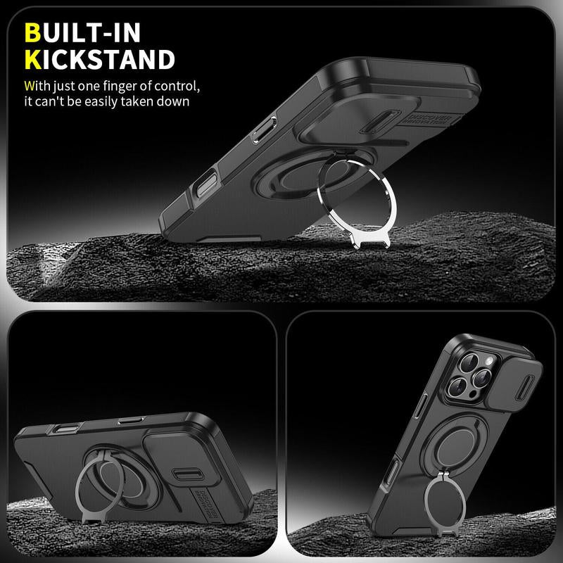 Case with Slide Camera Cover for Iphone 17 Air 17 Pro Max 16 15 14 13 12 Pro Max, Rotated Ring Kickstand Military Grade Shockproof Protective Cover Rugged Heavy Duty for Men Women