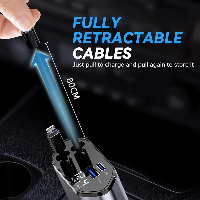 4-In-1 Retractable Car Charger – Fast USB-C & Lightning Adapter, Dual Ports, Aromatherapy & Starlight Roof, Quick Charge for Iphone, Samsung, Google Pixel, Travel & Car Accessories, Outdoorfun