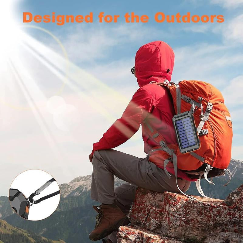 10000mAh Solar Portable Charger with Dual USB Output, LED Flashlight, Compass, and IP65 Waterproof Rating for Camping and Hiking