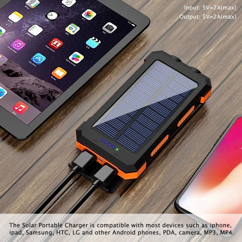 10000mAh Solar Portable Charger with Dual USB Output, LED Flashlight, Compass, and IP65 Waterproof Rating for Camping and Hiking