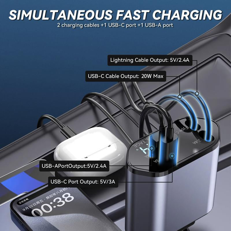 4-In-1 Retractable Car Charger – Fast USB-C & Lightning Adapter, Dual Ports, Aromatherapy & Starlight Roof, Quick Charge for Iphone, Samsung, Google Pixel, Travel & Car Accessories, Outdoorfun