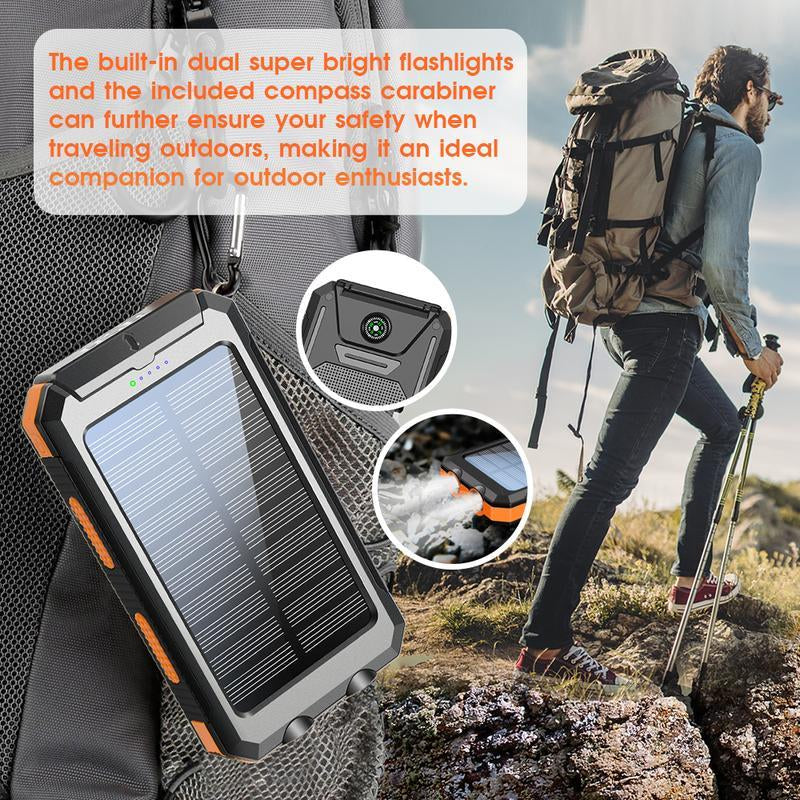 10000mAh Solar Portable Charger with Dual USB Output, LED Flashlight, Compass, and IP65 Waterproof Rating for Camping and Hiking