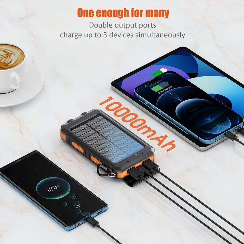 10000mAh Solar Portable Charger with Dual USB Output, LED Flashlight, Compass, and IP65 Waterproof Rating for Camping and Hiking