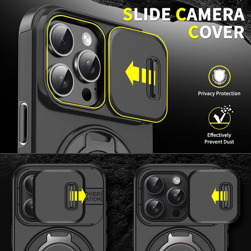 Case with Slide Camera Cover for Iphone 17 Air 17 Pro Max 16 15 14 13 12 Pro Max, Rotated Ring Kickstand Military Grade Shockproof Protective Cover Rugged Heavy Duty for Men Women