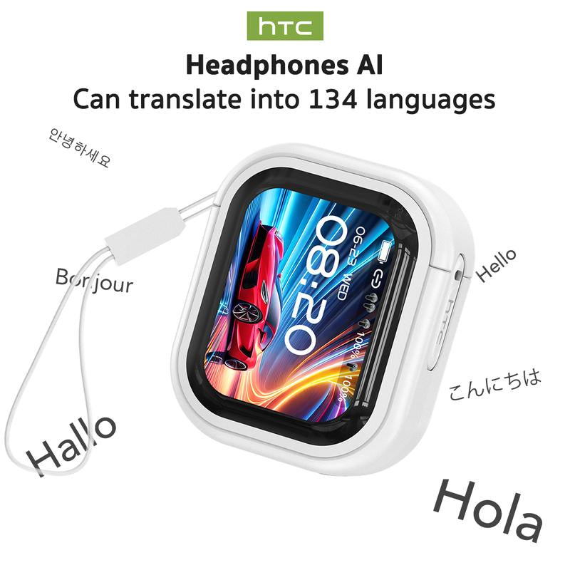 HTC AI Translation Wireless Earbuds - Bluetooth Headphones with 134 Language Translator, LCD Full Color Display, and Charging Case with Microphone