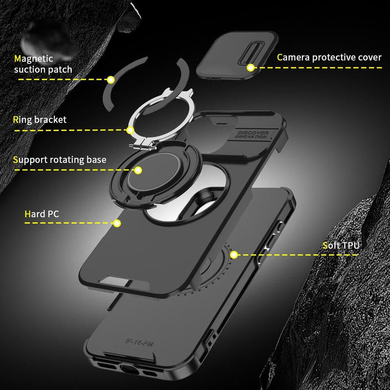 Case with Slide Camera Cover for Iphone 17 Air 17 Pro Max 16 15 14 13 12 Pro Max, Rotated Ring Kickstand Military Grade Shockproof Protective Cover Rugged Heavy Duty for Men Women