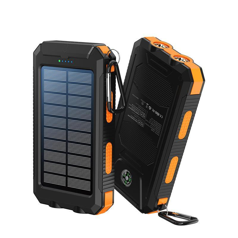 10000mAh Solar Portable Charger with Dual USB Output, LED Flashlight, Compass, and IP65 Waterproof Rating for Camping and Hiking