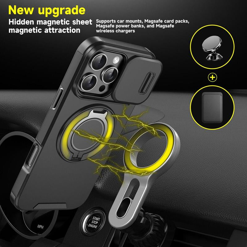 Case with Slide Camera Cover for Iphone 17 Air 17 Pro Max 16 15 14 13 12 Pro Max, Rotated Ring Kickstand Military Grade Shockproof Protective Cover Rugged Heavy Duty for Men Women