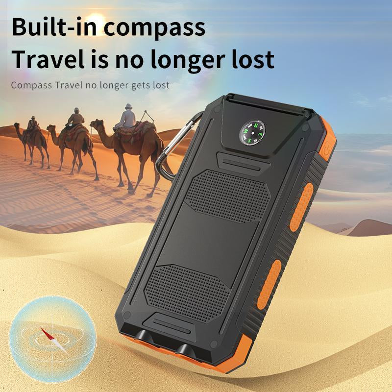 10000mAh Solar Portable Charger with Dual USB Output, LED Flashlight, Compass, and IP65 Waterproof Rating for Camping and Hiking