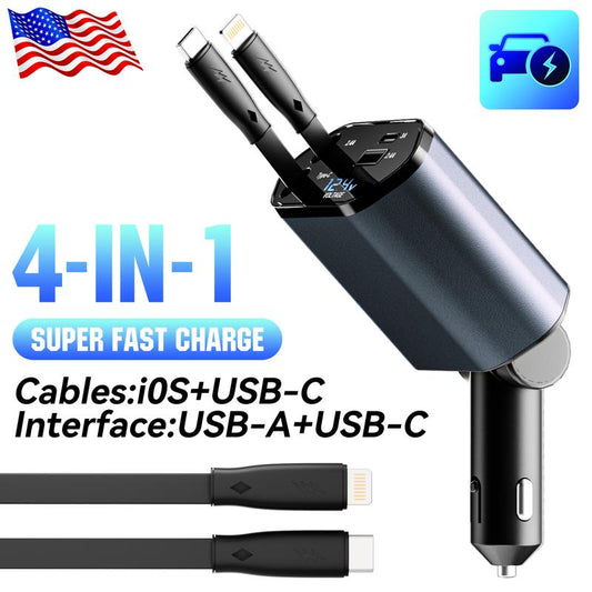 4-In-1 Retractable Car Charger – Fast USB-C & Lightning Adapter, Dual Ports, Aromatherapy & Starlight Roof, Quick Charge for Iphone, Samsung, Google Pixel, Travel & Car Accessories, Outdoorfun