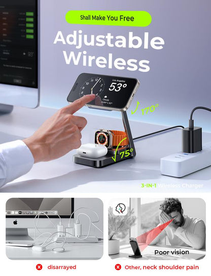 LISEN 3-in-1 Foldable Wireless Charger Station for Apple Devices - Magsafe Charger Stand for iPhone 15 Pro Max, AirPods, and Apple Watch - Ideal Gift for Multiple Devices