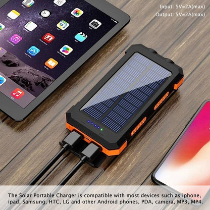 10000mAh Solar Portable Charger with Dual USB Output, LED Flashlight, Compass, and IP65 Waterproof Rating for Camping and Hiking