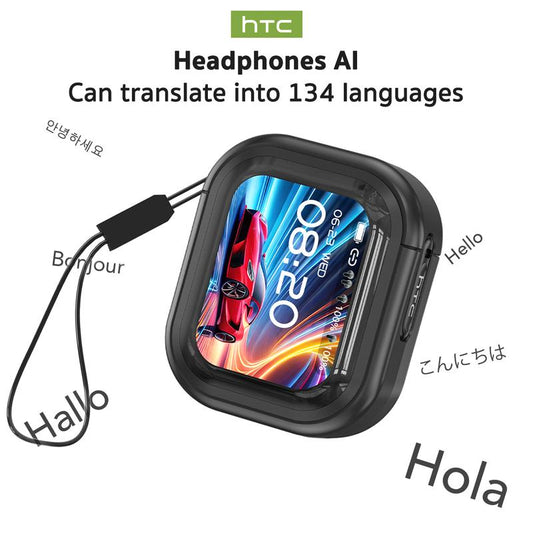 HTC AI Translation Wireless Earbuds - Bluetooth Headphones with 134 Language Translator, LCD Full Color Display, and Charging Case with Microphone
