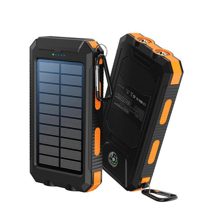 10000mAh Solar Portable Charger with Dual USB Output, LED Flashlight, Compass, and IP65 Waterproof Rating for Camping and Hiking